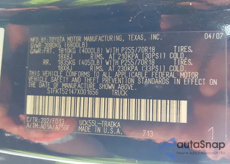 2007 Toyota Tundra Base 4.7L V8 из США, поврежденный, VIN 5TFKT52147X001656